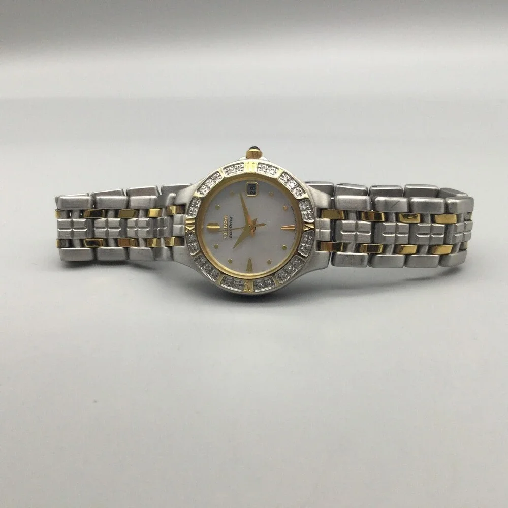 Citizen Eco-Drive Womens Watch 25mm White Dial Silver Gold Tone Diamond 6.25